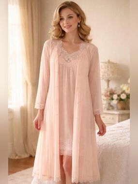 Vintage Shadowline Pink Nylon Peignoir Set S Lace Floral Embroidery